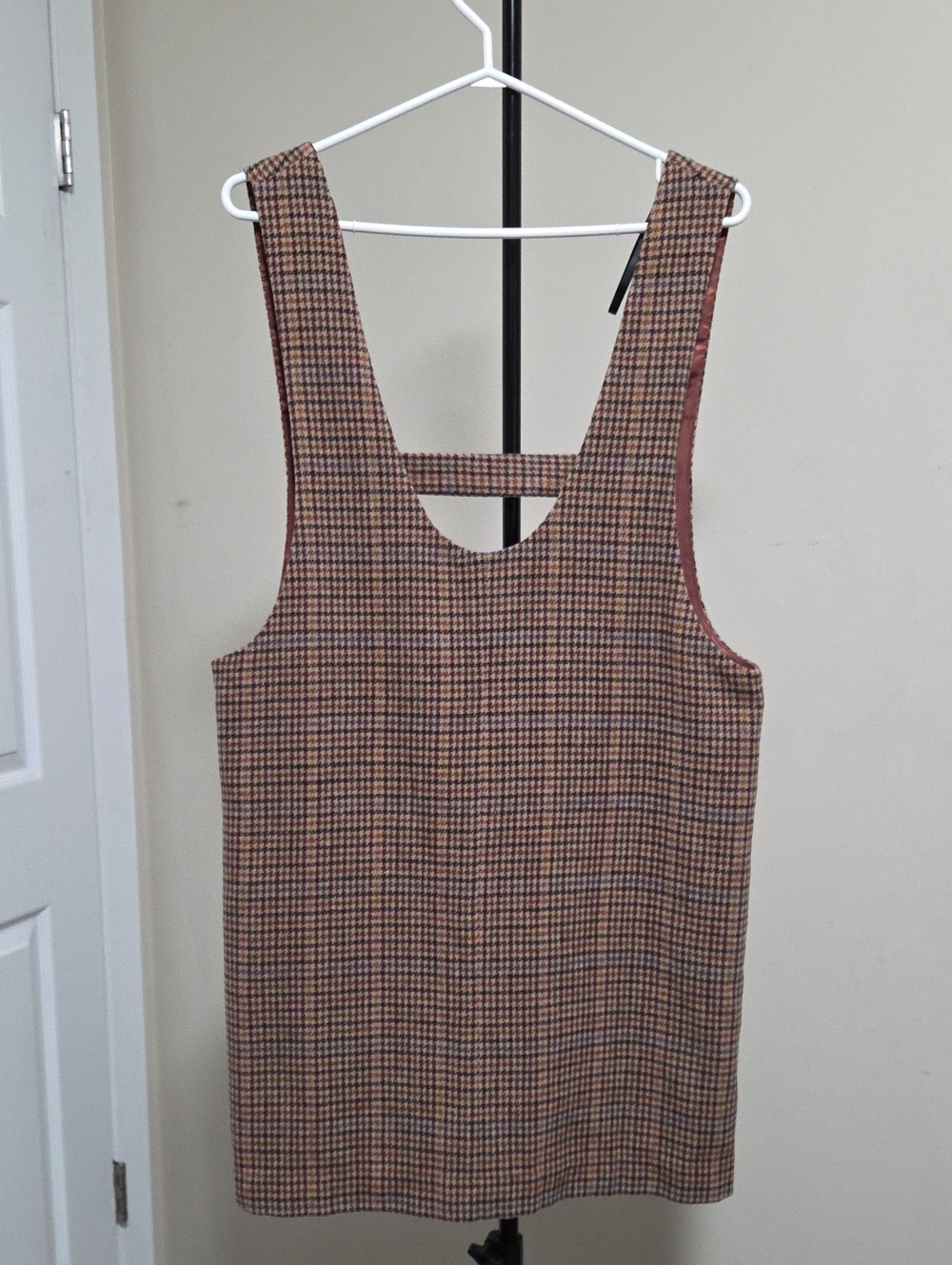 Simons Icone Plaid Mini Pinafore Dress in Brown Check